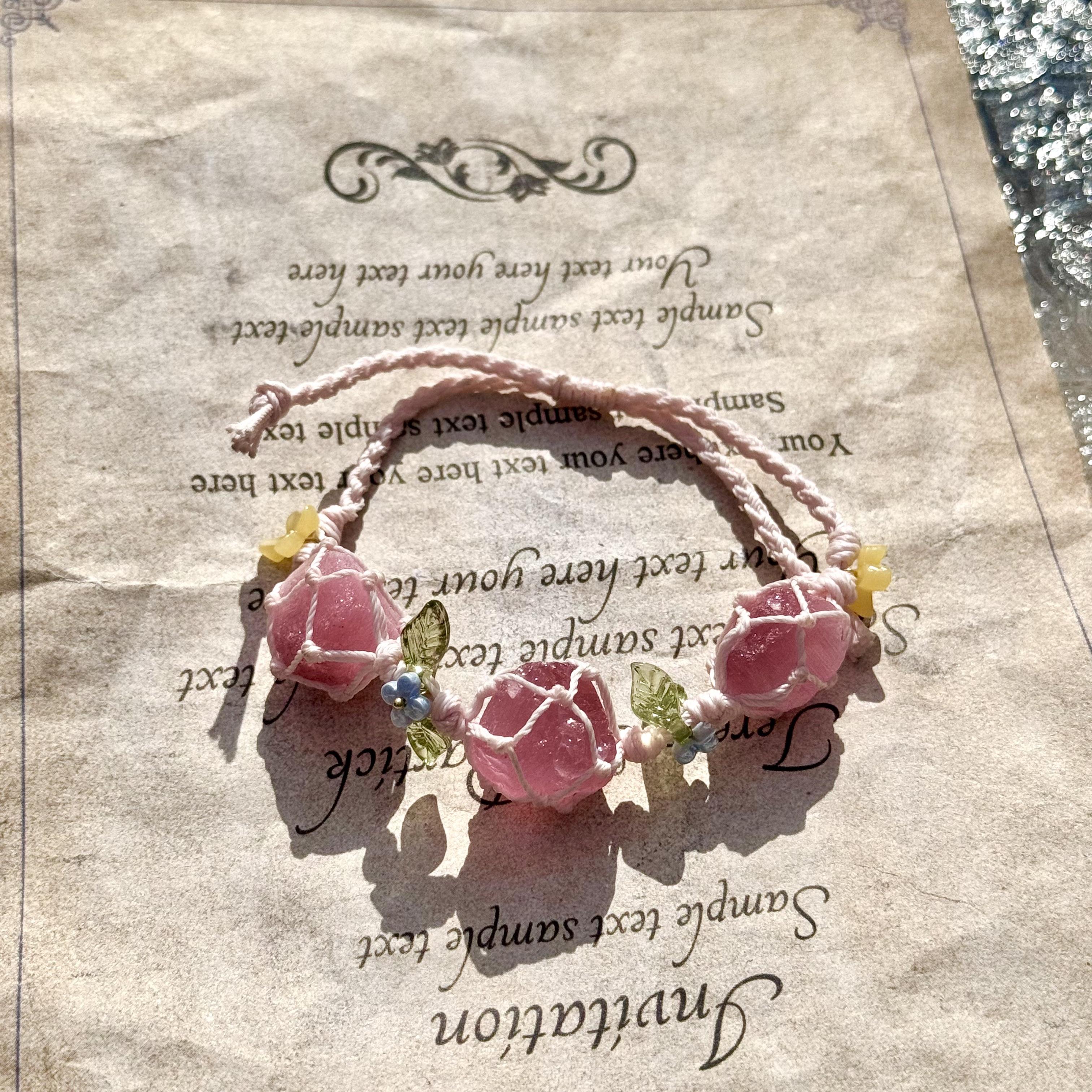 Crystal Strawberry Macrame Bracelet - Boho Chic Handmade Jewelry, Perfect for Festival or Everyday Wear, Y2K Style Accessory