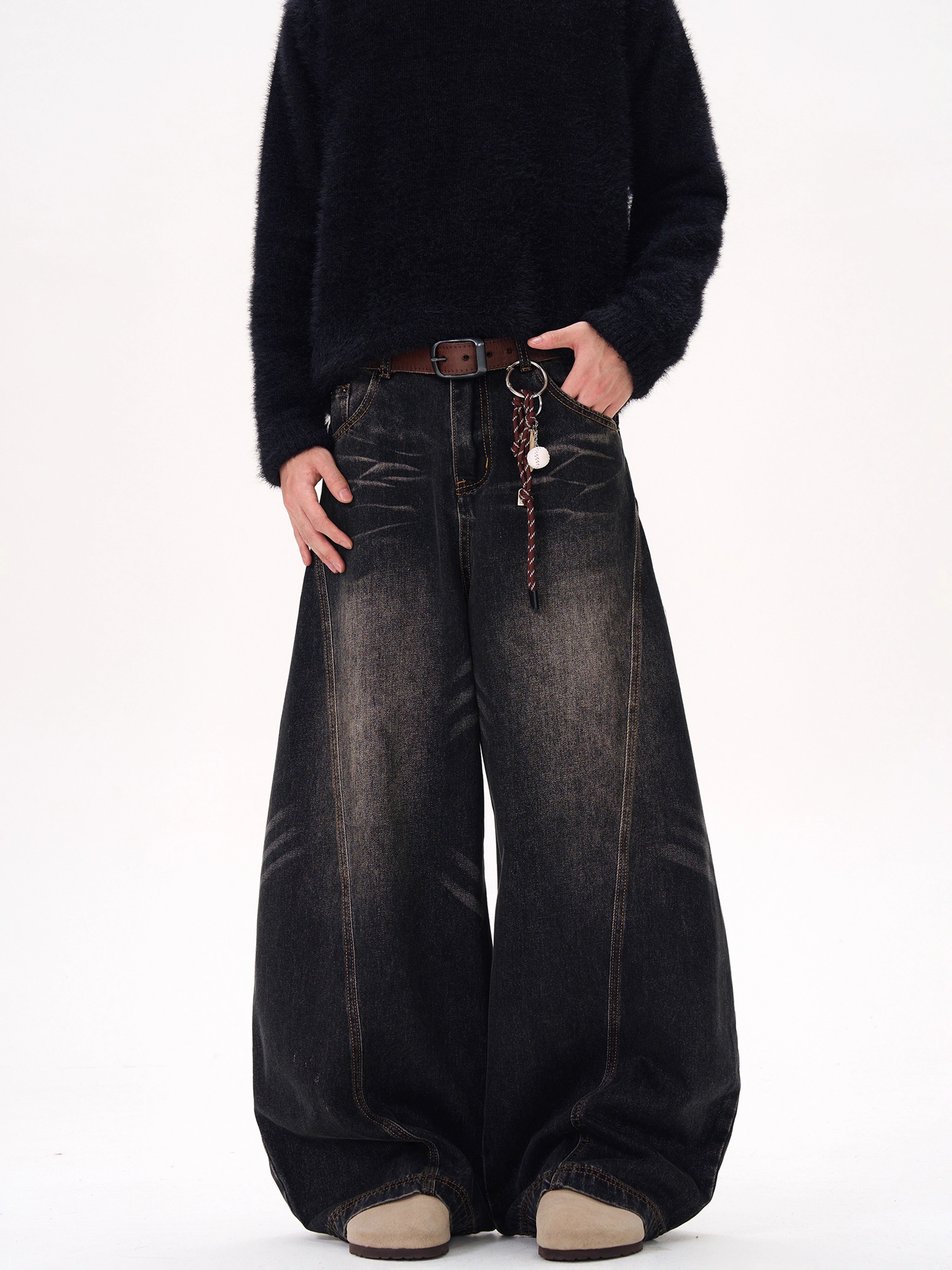 Curved Blade Silhouette Water Wave Pattern Jeans for Men, Spring/Summer 2025, Loose Straight Wide-Leg Casual Pants