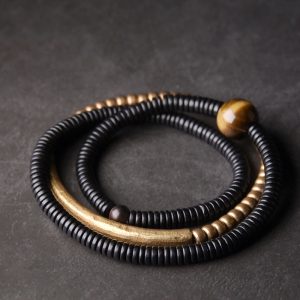 Curved Tail Flower Design Black Wooden Bracelet Set for Women - Retro Multi-Layer Copper Bead Accessories, Versatile Style