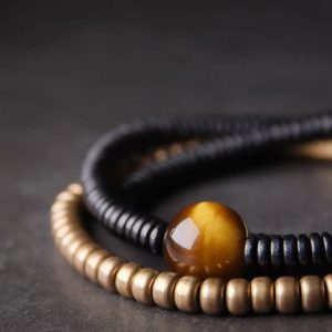 Curved Tail Flower Design Black Wooden Bracelet Set for Women - Retro Multi-Layer Copper Bead Accessories, Versatile Style