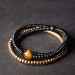 Curved Tail Flower Design Black Wooden Bracelet Set for Women - Retro Multi-Layer Copper Bead Accessories, Versatile Style