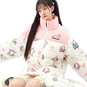 Cute All-Over Print Hello Kitty Color Block Cotton Padded Jacket for Women – Cozy Loose Winter Coat Outerwear