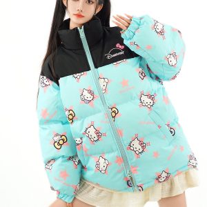 Cute All-Over Print Hello Kitty Color Block Cotton Padded Jacket for Women – Cozy Loose Winter Coat Outerwear