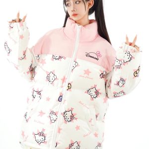 Cute All-Over Print Hello Kitty Color Block Cotton Padded Jacket for Women – Cozy Loose Winter Coat Outerwear