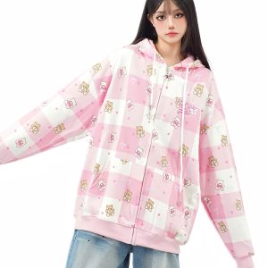 Cute Bear Full Print Color Block Plaid Hooded Zipper Cardigan for Women - Autumn Loose Fit Jacket, Y2K Casual Style