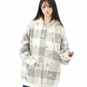 Cute Bear Full Print Color Block Plaid Hooded Zipper Cardigan for Women - Autumn Loose Fit Jacket, Y2K Casual Style