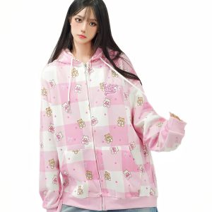 Cute Bear Full Print Color Block Plaid Hooded Zipper Cardigan for Women - Autumn Loose Fit Jacket, Y2K Casual Style