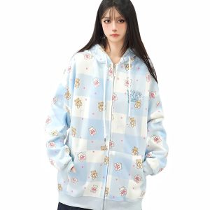 Cute Bear Full Print Color Block Plaid Hooded Zipper Cardigan for Women - Autumn Loose Fit Jacket, Y2K Casual Style
