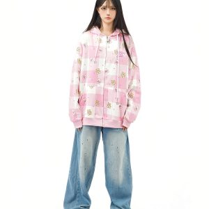 Cute Bear Full Print Color Block Plaid Hooded Zipper Cardigan for Women - Autumn Loose Fit Jacket, Y2K Casual Style