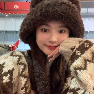 Cute Bear Plush Hat for Women - Adorable Face Design, Small Ear Protection - Autumn Winter 2023 Fashion Accessory