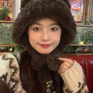 Cute Bear Plush Hat for Women - Adorable Face Design, Small Ear Protection - Autumn Winter 2023 Fashion Accessory