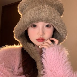 Cute Bear Plush Hat for Women - Adorable Face Design, Small Ear Protection - Autumn Winter 2023 Fashion Accessory