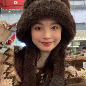 Cute Bear Plush Hat for Women - Adorable Face Design, Small Ear Protection - Autumn Winter 2023 Fashion Accessory