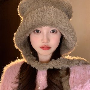 Cute Bear Plush Hat for Women - Adorable Face Design, Small Ear Protection - Autumn Winter 2023 Fashion Accessory