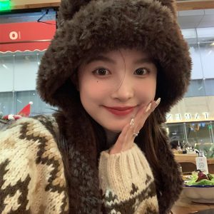 Cute Bear Plush Hat for Women - Adorable Face Design, Small Ear Protection - Autumn Winter 2023 Fashion Accessory