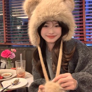 Cute Bear Plush Thick Ear Protection Hat for Women – Autumn & Winter 2023 Lei Feng Style, Cozy and Adorable