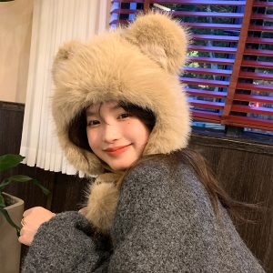 Cute Bear Plush Thick Ear Protection Hat for Women – Autumn & Winter 2023 Lei Feng Style, Cozy and Adorable