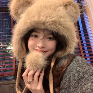 Cute Bear Plush Thick Ear Protection Hat for Women – Autumn & Winter 2023 Lei Feng Style, Cozy and Adorable