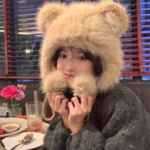 Cute Bear Plush Thick Ear Protection Hat for Women – Autumn & Winter 2023 Lei Feng Style, Cozy and Adorable