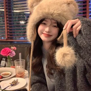 Cute Bear Plush Thick Ear Protection Hat for Women – Autumn & Winter 2023 Lei Feng Style, Cozy and Adorable