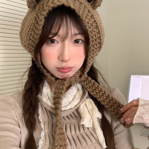 Cute Cartoon Bear Ear Hat - Knitted Winter Warmth for Head Protection - Adorable Cozy Accessory for Cold Weather