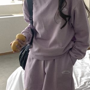 Cute Casual Violet Spring Pastel Light Purple Cotton Sweatshirt Set - Korean Style, Perfect for 90s and Y2K Fashion Lovers