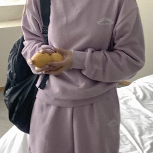 Cute Casual Violet Spring Pastel Light Purple Cotton Sweatshirt Set - Korean Style, Perfect for 90s and Y2K Fashion Lovers