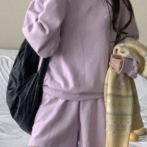 Cute Casual Violet Spring Pastel Light Purple Cotton Sweatshirt Set - Korean Style, Perfect for 90s and Y2K Fashion Lovers