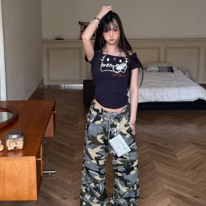 Cute Cat One-Shoulder Short Crop Top - American Retro Color Block Striped T-Shirt for Women - Summer Fashion 90s Style