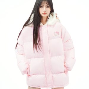 Cute Kitty Cat Padded Jacket with Spliced Hat - Soft, Warm Thick Winter Coat for Women - Perfect for Y2K and Casual Style