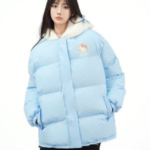 Cute Kitty Cat Padded Jacket with Spliced Hat - Soft, Warm Thick Winter Coat for Women - Perfect for Y2K and Casual Style