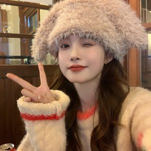 Cute Plush Bear Ear Hat for Women - Warm Big Head Lei Feng Style for Autumn & Winter, Adorable Cozy Accessory