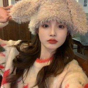 Cute Plush Bear Ear Hat for Women - Warm Big Head Lei Feng Style for Autumn & Winter, Adorable Cozy Accessory