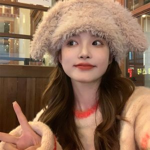 Cute Plush Bear Ear Hat for Women - Warm Big Head Lei Feng Style for Autumn & Winter, Adorable Cozy Accessory