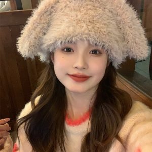 Cute Plush Bear Ear Hat for Women - Warm Big Head Lei Feng Style for Autumn & Winter, Adorable Cozy Accessory