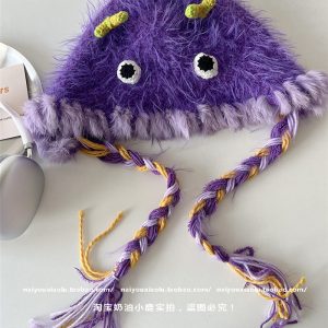 Cute Rabbit Fur Little Monster Hat for Women - Handmade Plush Wool Winter Hat with Ear Protection, Cozy Autumn Accessory