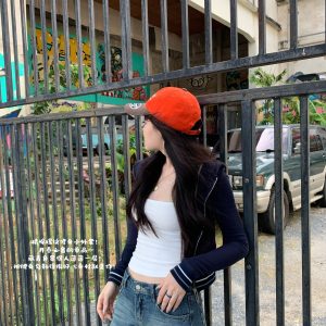 Dark Blue Belted Small Jacket for Women - Small Waist, American Retro Style, Figure-Flattering Design