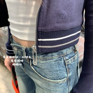 Dark Blue Belted Small Jacket for Women - Small Waist, American Retro Style, Figure-Flattering Design