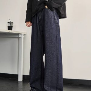 Dark Blue Denim Men's Wide-Leg Clean Fit Pants - Vintage American Style Slim Straight for Spring and Summer Fashion