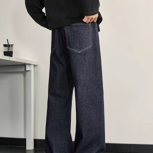 Dark Blue Denim Men's Wide-Leg Clean Fit Pants - Vintage American Style Slim Straight for Spring and Summer Fashion