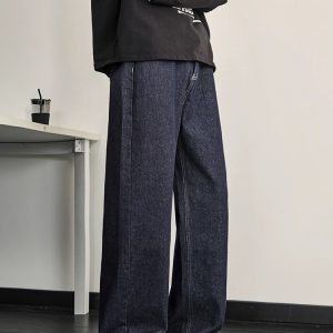 Dark Blue Denim Men's Wide-Leg Clean Fit Pants - Vintage American Style Slim Straight for Spring and Summer Fashion