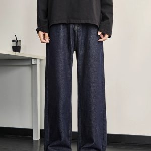 Dark Blue Denim Men's Wide-Leg Clean Fit Pants - Vintage American Style Slim Straight for Spring and Summer Fashion