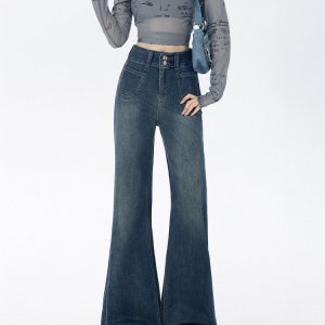 Dark Blue Flared Jeans for Women - Loose Fit American Style, Drape Design, Perfect for Fall 2024, Ideal for Petite Figures