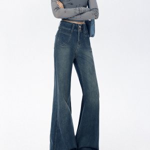 Dark Blue Flared Jeans for Women - Loose Fit American Style, Drape Design, Perfect for Fall 2024, Ideal for Petite Figures