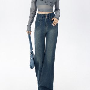 Dark Blue Flared Jeans for Women - Loose Fit American Style, Drape Design, Perfect for Fall 2024, Ideal for Petite Figures