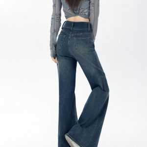 Dark Blue Flared Jeans for Women - Loose Fit American Style, Drape Design, Perfect for Fall 2024, Ideal for Petite Figures