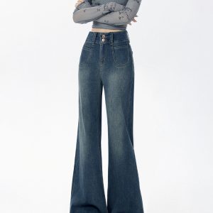 Dark Blue Flared Jeans for Women - Loose Fit American Style, Drape Design, Perfect for Fall 2024, Ideal for Petite Figures