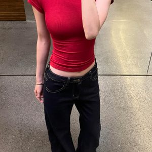 Dark Blue Flared Jeans for Women - Low-Waist Slim-Fit Wide-Leg Trousers, Spring/Summer Fashion, Flattering Straight-Leg Style