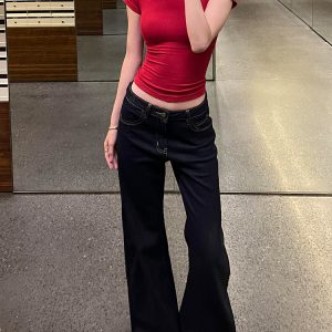 Dark Blue Flared Jeans for Women - Low-Waist Slim-Fit Wide-Leg Trousers, Spring/Summer Fashion, Flattering Straight-Leg Style