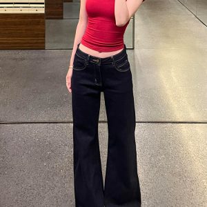 Dark Blue Flared Jeans for Women - Low-Waist Slim-Fit Wide-Leg Trousers, Spring/Summer Fashion, Flattering Straight-Leg Style